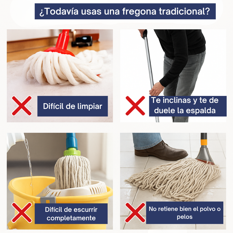 FácilMop - Fregona autoescurrible, limpia sin esfuerzo + Cepillo Giratorio GRATIS